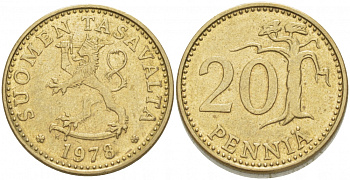 ФИНЛЯНДИЯ 20 ПЕННИ 1978 K KM 47 алюминиевая бронза 3718-636