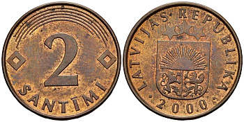Латвия 2 сантима 2000 KM 21 сталь плакированная бронзой 3955-1155
