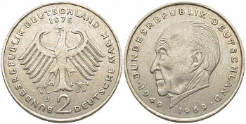 ФРГ 2 МАРКИ 1975 J, КОНРАД АДЕНАУЭР KM 124, J. 406 медно-никель плакированный никелем 3856-251