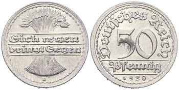 Германия 50 пфеннигов 1920 D KM 27 алюминий aUNC 31-222