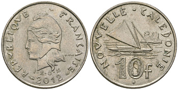 Французская Новая Каледония 10 франков 2012 рыбачья парусная лодка, (IEOM) KM 11a, Schoen 13a, Lec 99k медно-никель 65-733