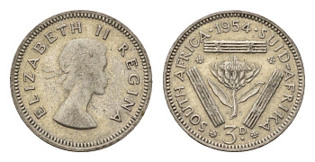 ЮАР 3 пенса 1954 Елизавета II (1952-2022) KM 47 серебро 4547-411