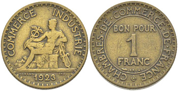 ФРАНЦИЯ 1 ФРАНК 1923 ТИП CHAMBRES DE COMMERCE KM 876, LE FRANC 218.5 алюминиевая бронза 202-326