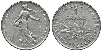 Франция 1 франк 1960 сеятель KM 925.1, Le Franc 226.5 никель 4128-423