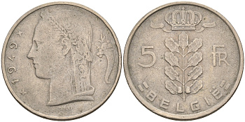 Бельгия 5 франков 1949 Belgie, Леопольд III (1934-1951) KM 135.1 медно-никель 92-355