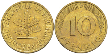 ФРГ 10 ПФЕННИГОВ 1984 D KM 108, J. 383 сталь плакированная латунью 4182-936