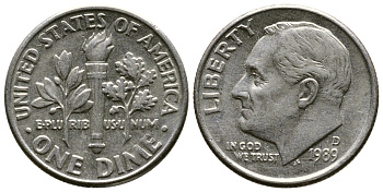 США 10 ЦЕНТОВ = 1 ДАЙМ 1989 D, РУЗВЕЛЬТ KM 195а медь плакированная медно-никелем 57-1249