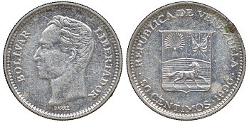 Венесуэла 50 сентимо 1990 Y 41a сталь плакированная никелем 4606-341