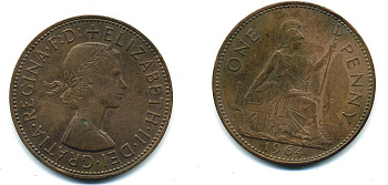 Великобритания 1 пенни 1964 Елизавета II (1952-2022) KM 897, Spink 4157 бронза 4110-336