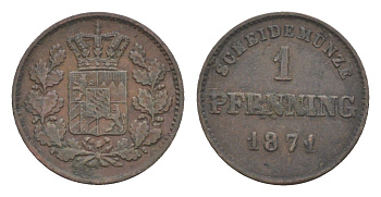 Бавария 1 пфенниг 1871 Людвиг II (1864-1886) KM 856 медь 4649-469