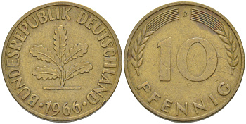ФРГ 10 ПФЕННИГОВ 1966 D KM 108, J. 383 сталь плакированная латунью 4182-752
