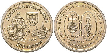 Португалия 200 эскудо 1996 Альянс Португалии и Сиама 1512 года KM 689 медно-никель UNC 4677-211