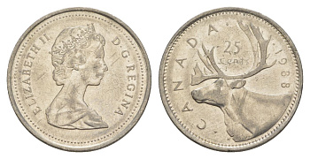 Канада 25 центов 1988 Елизавета II (1952-2022), олень KM 74 никель 4631-637