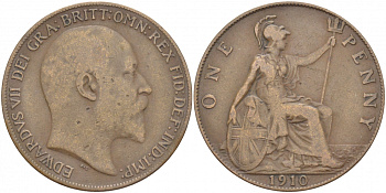 Великобритания 1 пенни 1910 Эдуард VII (1901-1910) KM 794.2, Spink 3990 бронза 3996-231