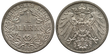 Германия 1 марка 1912 F Weege 18, J. 17, KM 14 серебро aUNC 413-4825