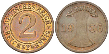 ГЕРМАНИЯ 2 РЕЙХСПФЕННИГA 1936 E KM 38, J. 314, Weege 4 бронза 206-862