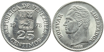 Венесуэла 25 сентимо 1978 Симон Боливар KM 50.1 никель 4392-965
