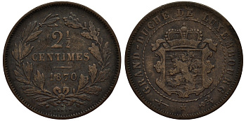 ЛЮКСЕМБУРГ 2 1/2 САНТИМА 1870 u, ГЕРЦОГ ВИЛЛЕМ III НИДЕРЛАНДСКИЙ (1849-1890), МОНДВОР УТРЕХТ, С ТОЧКОЙ НАД BARTH НА РЕВЕРСЕ КМ 21 бронза 4538-754