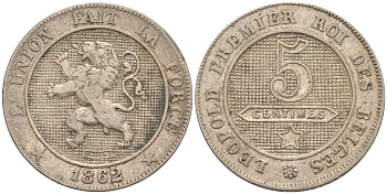 БЕЛЬГИЯ 5 САНТИМОВ 1862 BELGES KM 21 медно-никель 187-936
