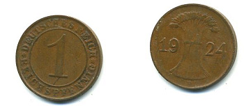 ГЕРМАНИЯ 1 РЕЙХСПФЕННИГ 1924 D KM 37, J.313 бронза 46-541