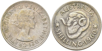 Австралия 1 шиллинг 1960 M, Елизавета II (1952-2022), овца меринос KM 59 серебро 4622-232