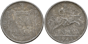 Испания 10 сентимо 1945 рыцарь на коне KM 766 алюминий    4601-951