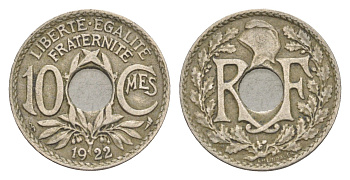 Франция 10 сантимов 1922 KM 866a медно-никель 4174-422