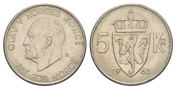 Норвегия 5 крон 1963 Улаф V (1957-1991) KM 412 медно-никель 4162-211