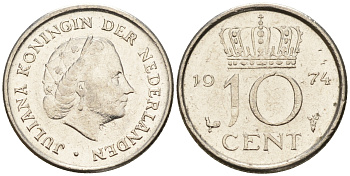 Нидерланды 10 центов 1974 Юлиана (1948-1980) КМ 182 никель    4602-534