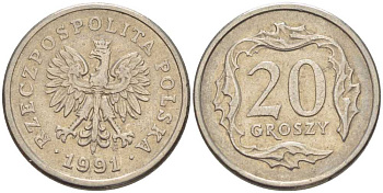 Польша 20 грошей 1991 MW KM 280 медно-никель 201-511