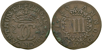 Вальдек 3 пфеннига 1730 KM 6 медь 65-634