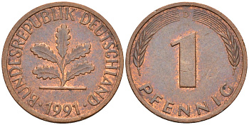 ФРГ 1 пфенниг 1991 D KM 105 сталь плакированная медью 4580-355