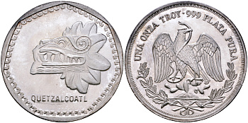 МЕКСИКА 1 УНЦИЯ ND МАСКА, QUETZALCOATL, ДИАМЕТР 40 ММ., ВЕС 1 ТРОЙСКАЯ УНЦИЯ серебро PROOF 00-00