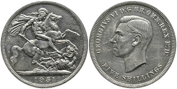 Великобритания 5 шиллингов = 1 крона 1951 Георг VI (1936-1952), фестиваль Британии, Георгий Победоносец KM 880, Spink 4111 медно-никель Prooflike 1518-1011