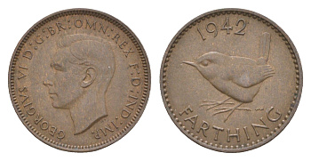 Великобритания 1 фартинг 1942 Георг VI (1936-1952) KM 843, Spink 4116 бронза 3457-1126