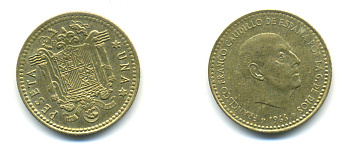 Испания 1 песета 1966 (75) Франциско Франко (1939-1975) КМ 796 алюминиевая бронза 177-111