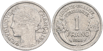 Франция 1 франк 1948 В, тип Lourde KM 885а.2, Le Franc 221.14 алюминий 4126-857