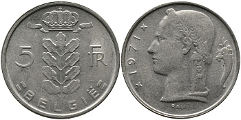 БЕЛЬГИЯ 5 ФРАНКОВ 1971 BELGIE KM 135.1 медно-никель 98-553