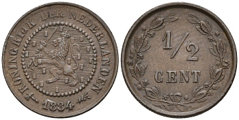 Нидерланды 1/2 цента 1884 Виллем III (1849-1890) KM 109 медь    4115-218
