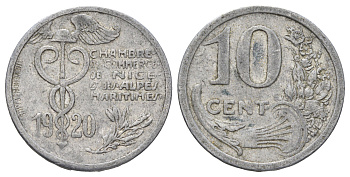Франция, Ницца 10 сантимов 1920 диаметр 25 мм, вес 1,5 гр Elie mon 10.2 алюминий 4126-1014