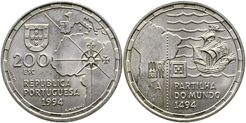 Португалия 200 эскудо 1994 500 лет с момента заключения Тордесильясского договора KM 671 медно-никель  UNC   79-915