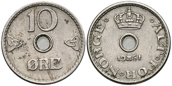 Норвегия 10 эре 1951 Хокон VII (1905-1957) KM 383 медно-никель 4549-963