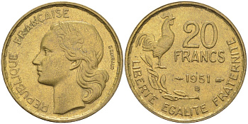 Франция 20 франков 1951 В, петух, 4 ПЕРА KM 917.2, Le Frank 402.8 алюминиевая бронза 4519-637