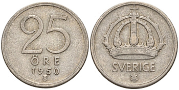 Швеция 25 эре 1950 TS, Густав V (1907-1950) KM 816 серебро 4147-1018