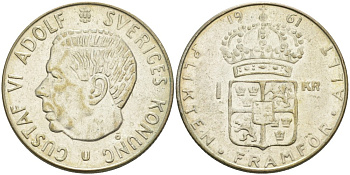 Швеция 1 крона 1961 U, Густав VI Адольф (1950-1973) KM 826 серебро 4610-623