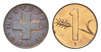 Швейцария 1 раппен 1963 B KM 46 бронза aUNC 4708-248