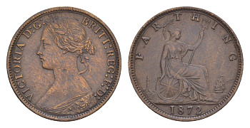 Великобритания 1 фартинг 1872 Виктория (1837-1901) KM 747.2, Spink 3958 бронза 1520-1135