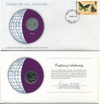 БЕЛИЗ 25 ЦЕНТОВ 1979 монета в конверте с маркой и спецгашением UNC 4294-2-2