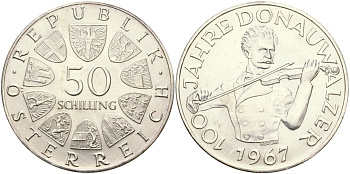 Австрия 50 шиллингов 1967 100 лет Дунайскому вальсу KM 2902 серебро UNC 00-00