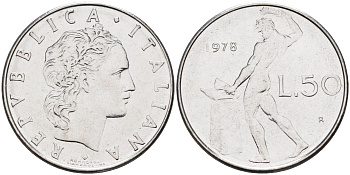 Италия 50 лир 1978 R, бог огня Вулкан у наковальни KM 95.1 нержавеющая сталь    4116-352